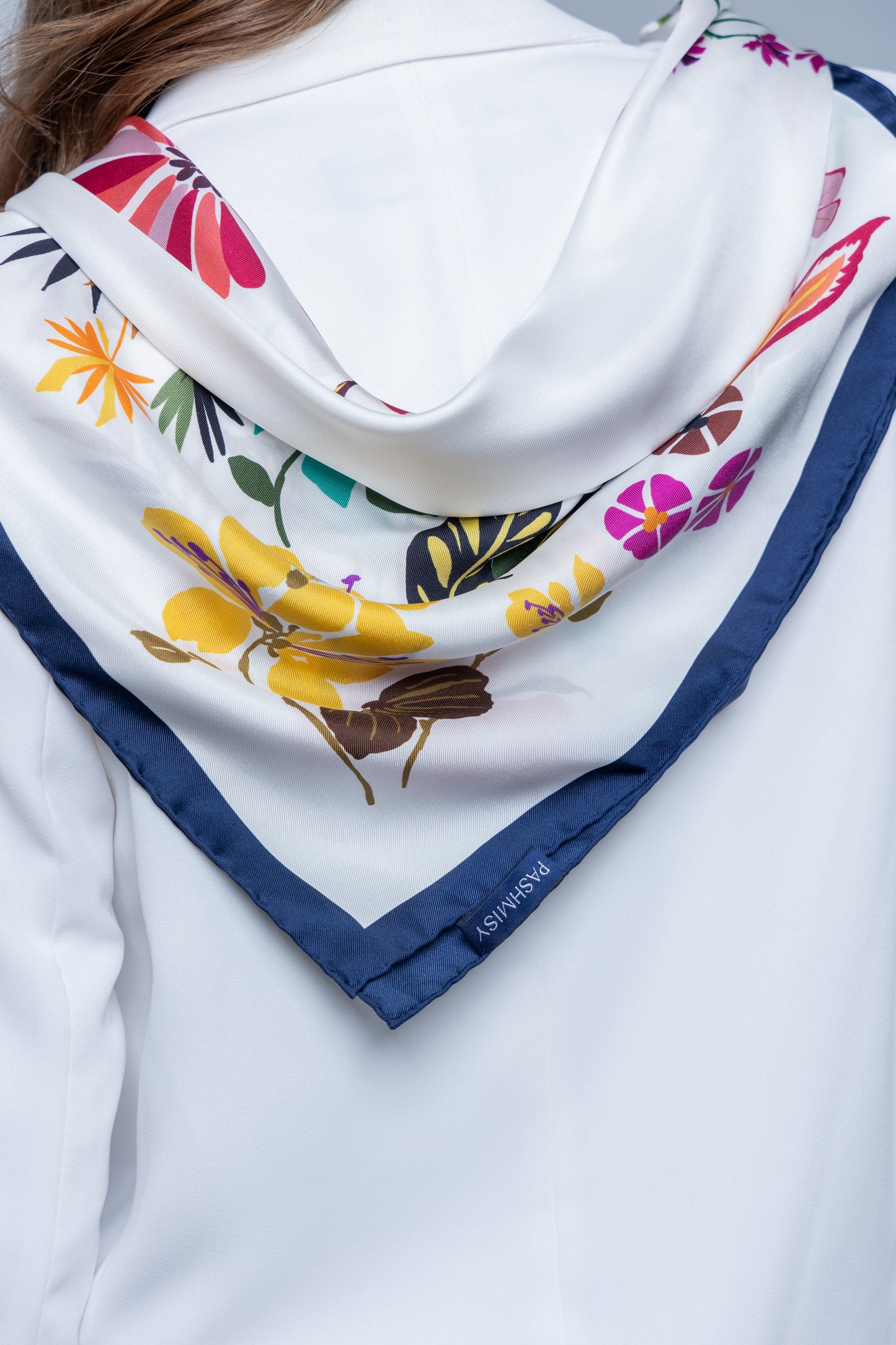 Floral Eden Silk Scarf in Navy and White