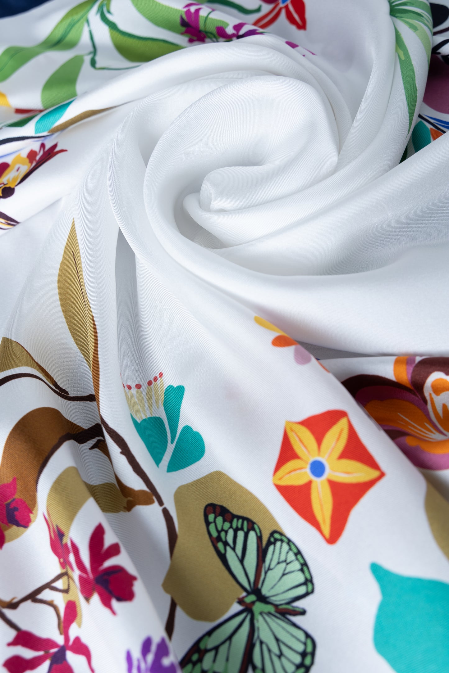 Floral Eden Silk Scarf in Navy and White