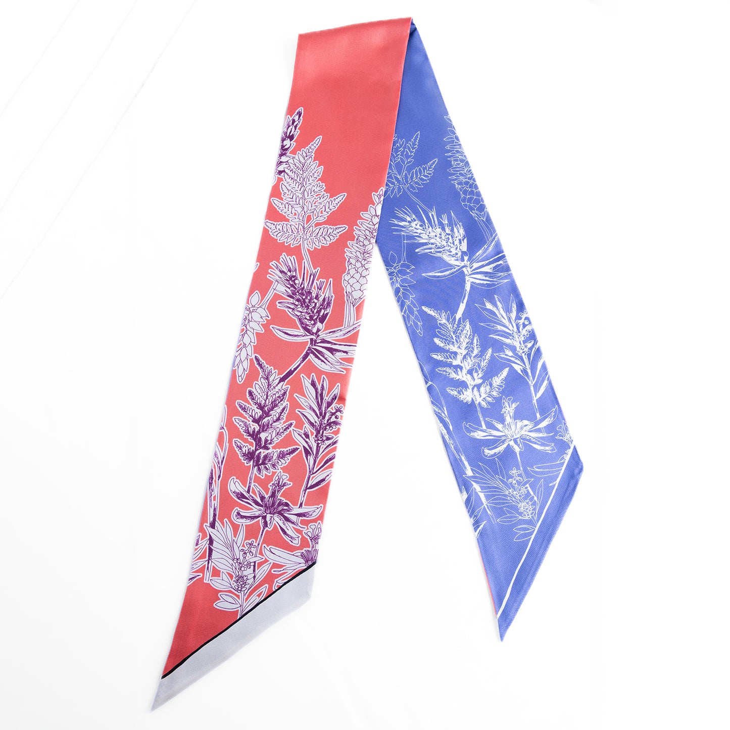 Botanical Elegance Long Silk Scarf in Coral and Periwinkl
