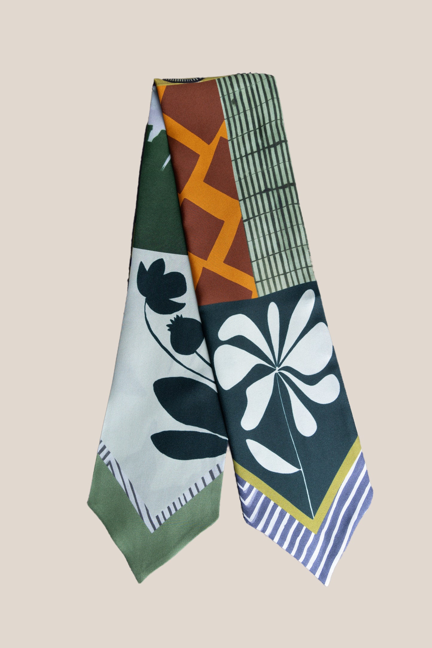 Abstract Bloom Skinny Silk Scarf In Mustard and Purple