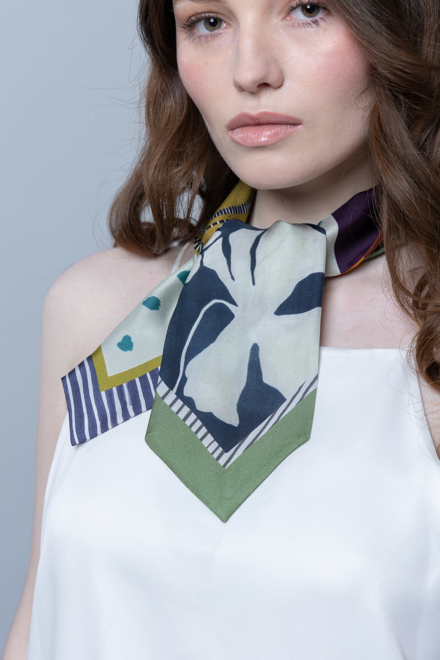 Abstract Bloom Skinny Silk Scarf In Mustard and Purple