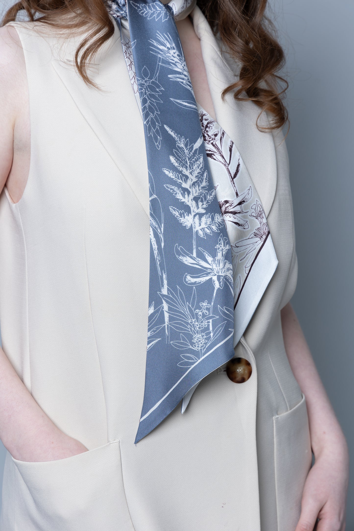 Botanical Elegance Long Silk Scarf in Grey and Ivory