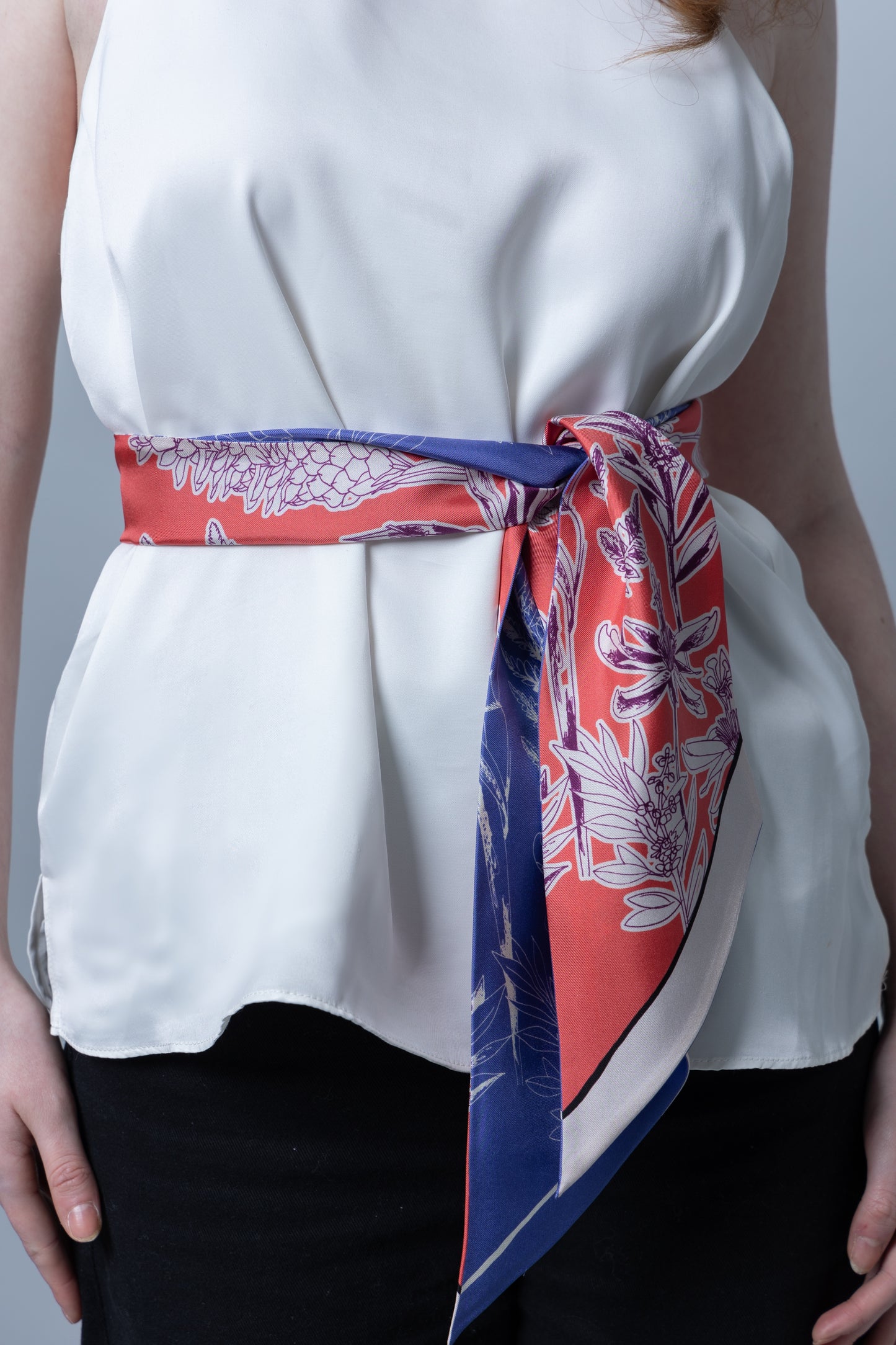Botanical Elegance Long Silk Scarf in Coral and Periwinkl