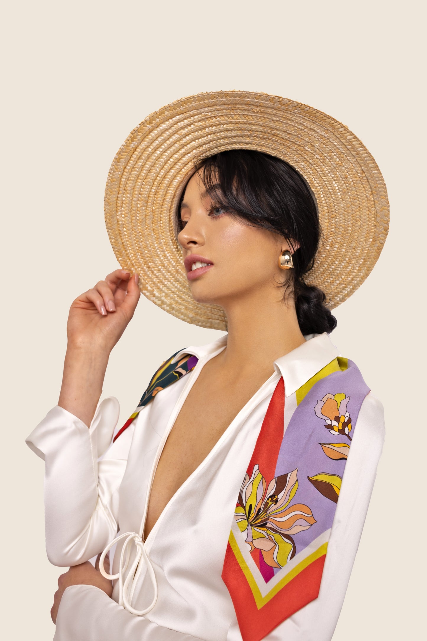 Peach Eden Flower Silk Skinny Scarf