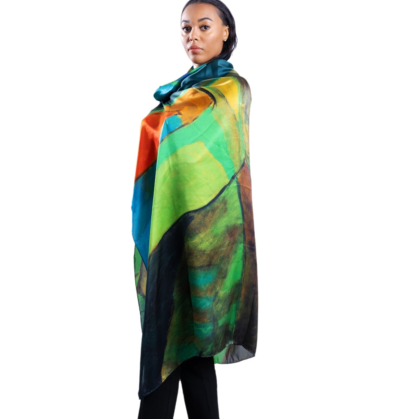 Oversized Square Silk Scarf in Green with Abstract Design