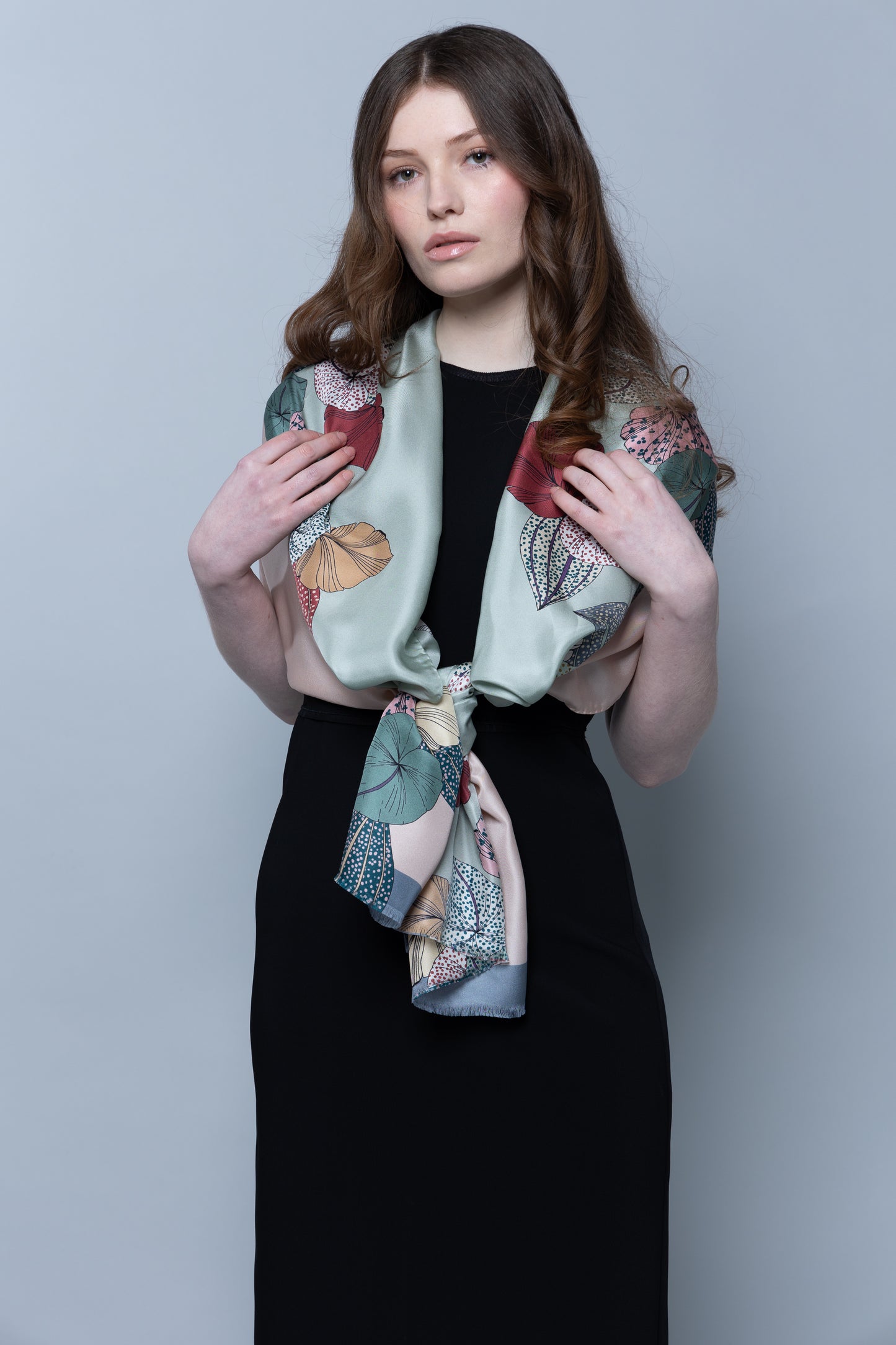 Tropical Bloom Pale Pink and Sage Silk Scarf