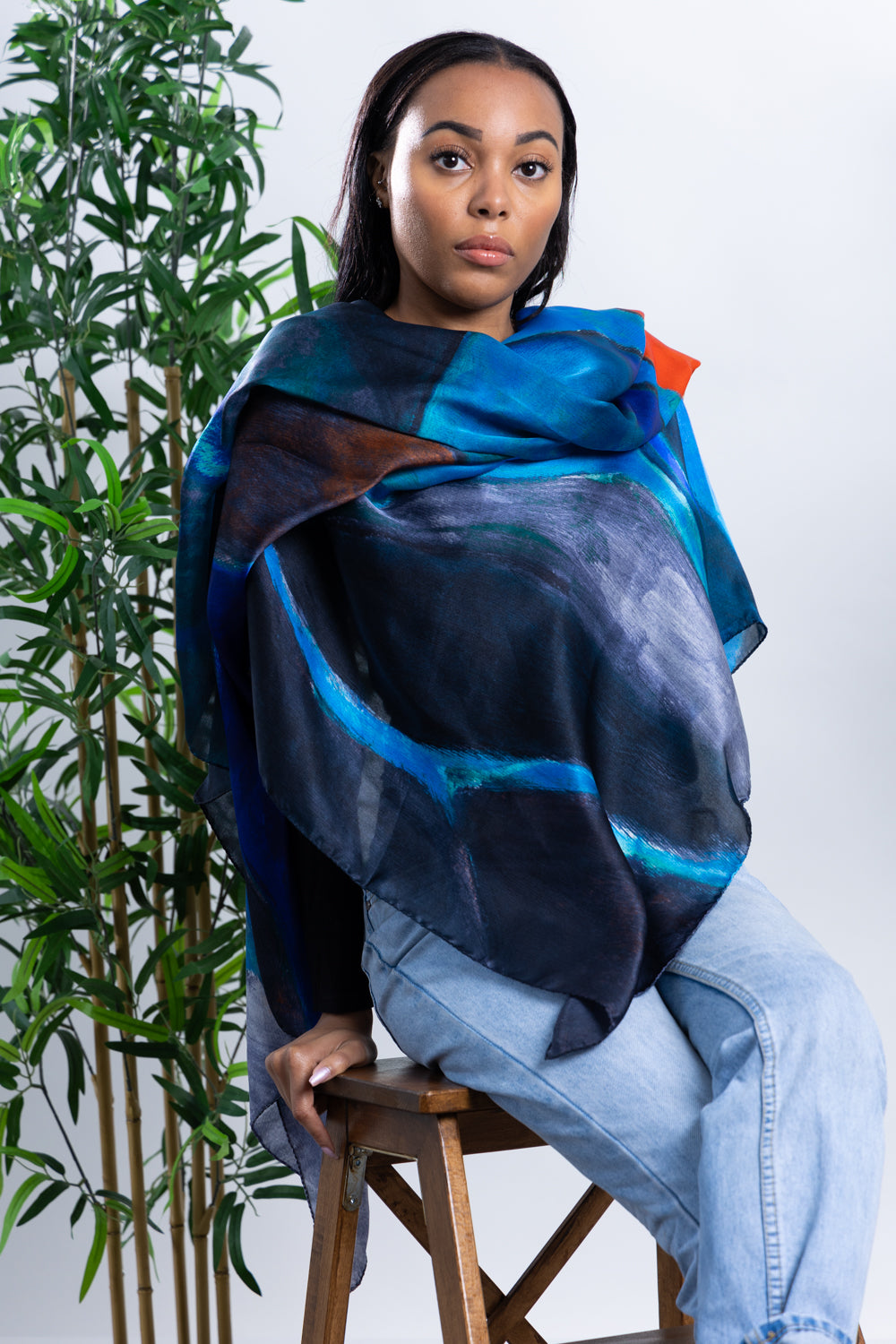 Oversized Square Silk Scarf in Blue with Abstract Motif