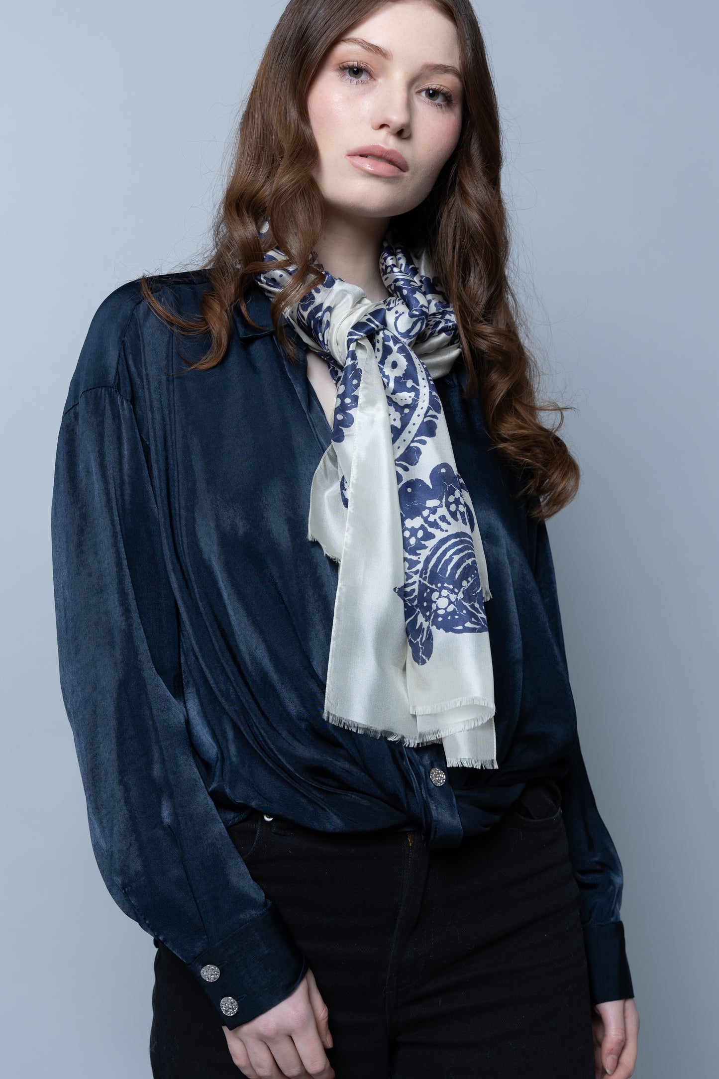 Navy Paisley Habotai Silk Scarf