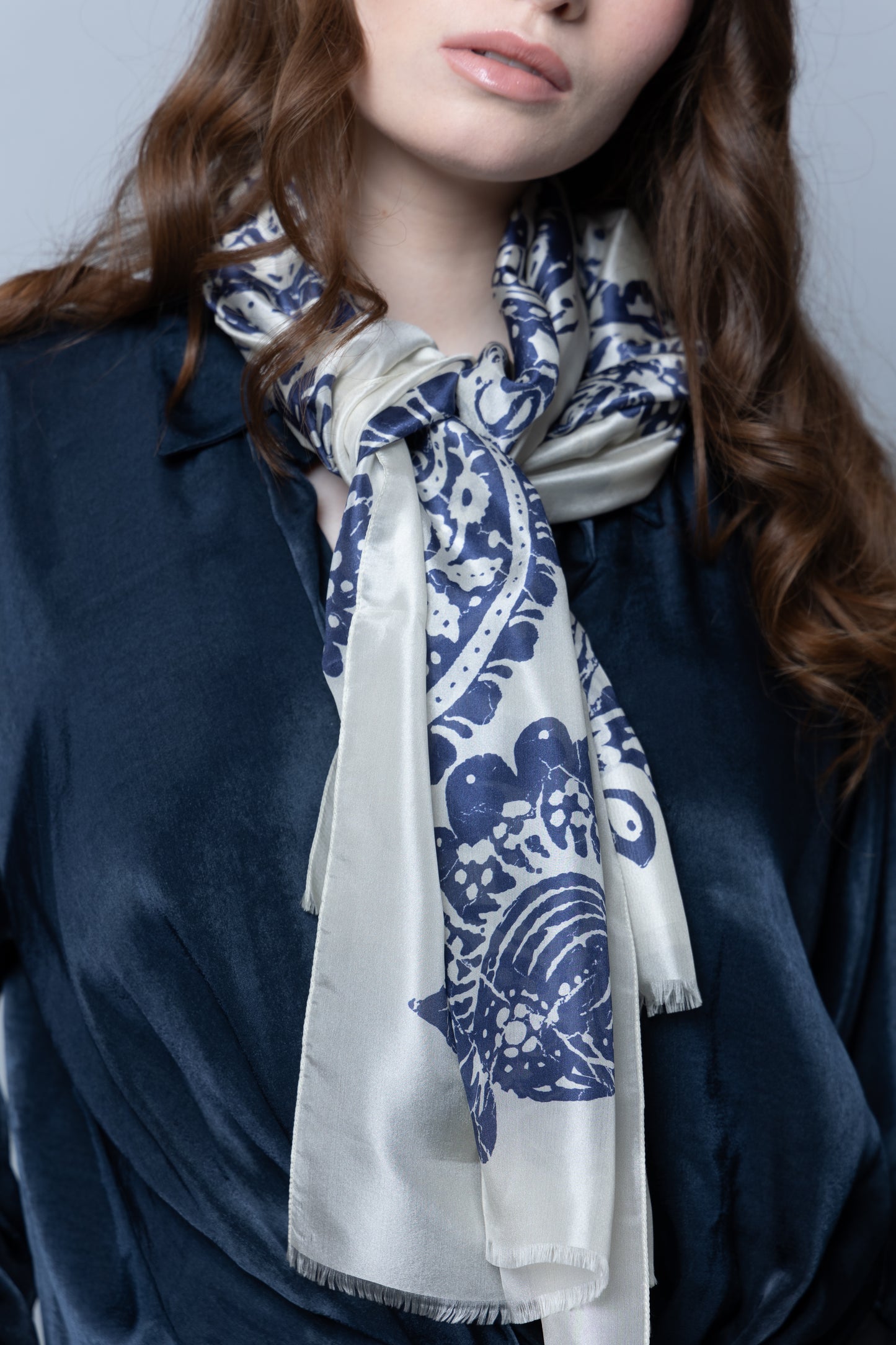 Navy Paisley Habotai Silk Scarf