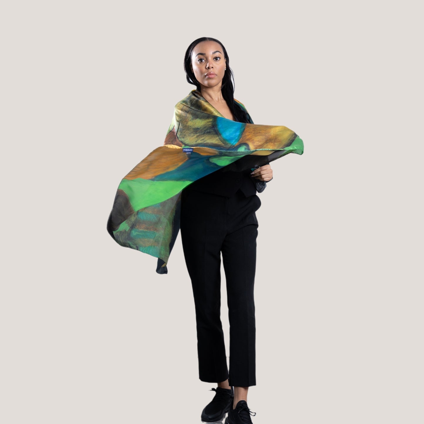 Oversized Square Silk Scarf in Green with Abstract Design