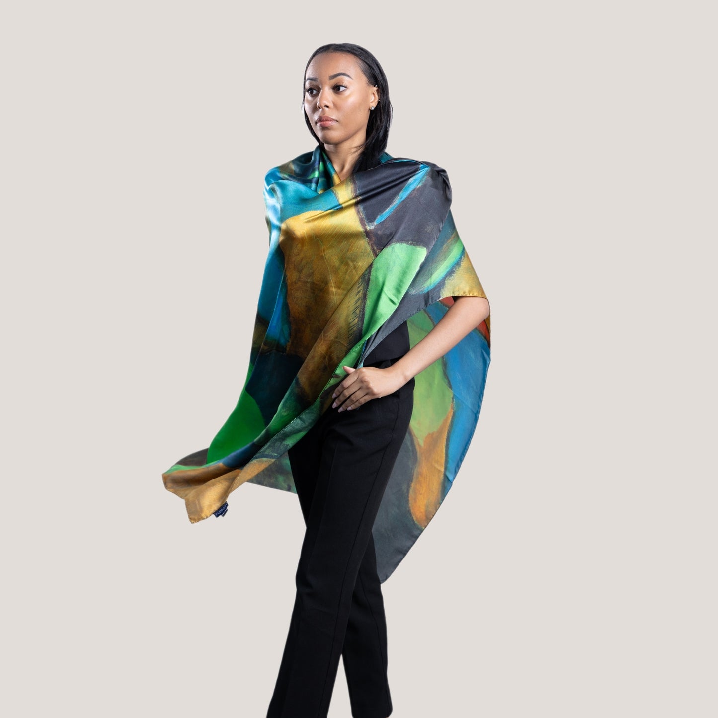 Oversized Square Silk Scarf in Green with Abstract Design