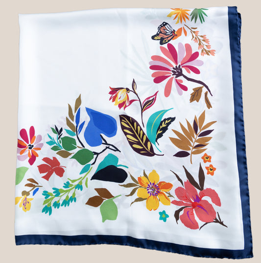 Floral Eden Navy and White – Italian Silk Square Scarf (90 x 90 cm)