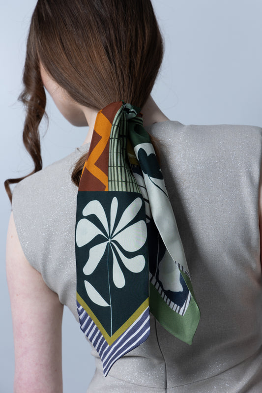Abstract Bloom Skinny Silk Scarf In Mustard and Purple