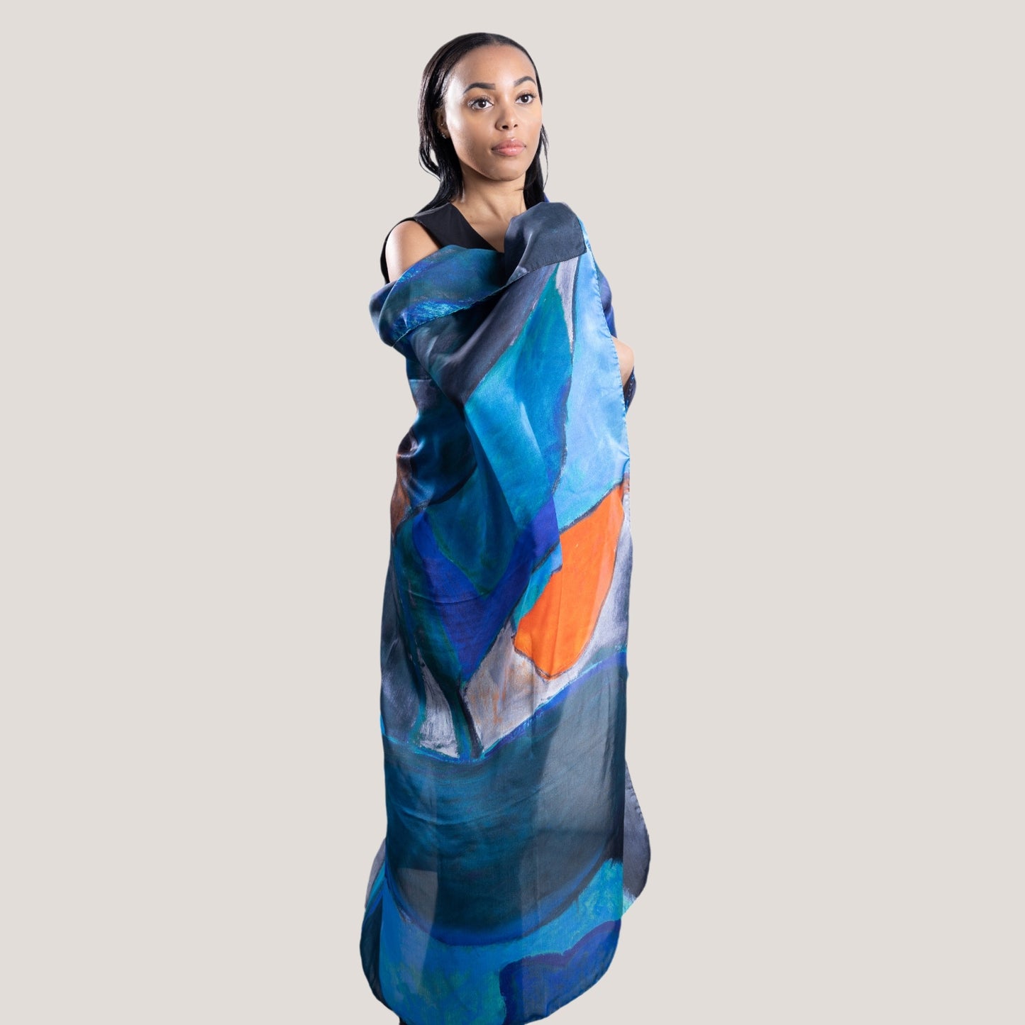 Oversized Square Silk Scarf in Blue with Abstract Motif