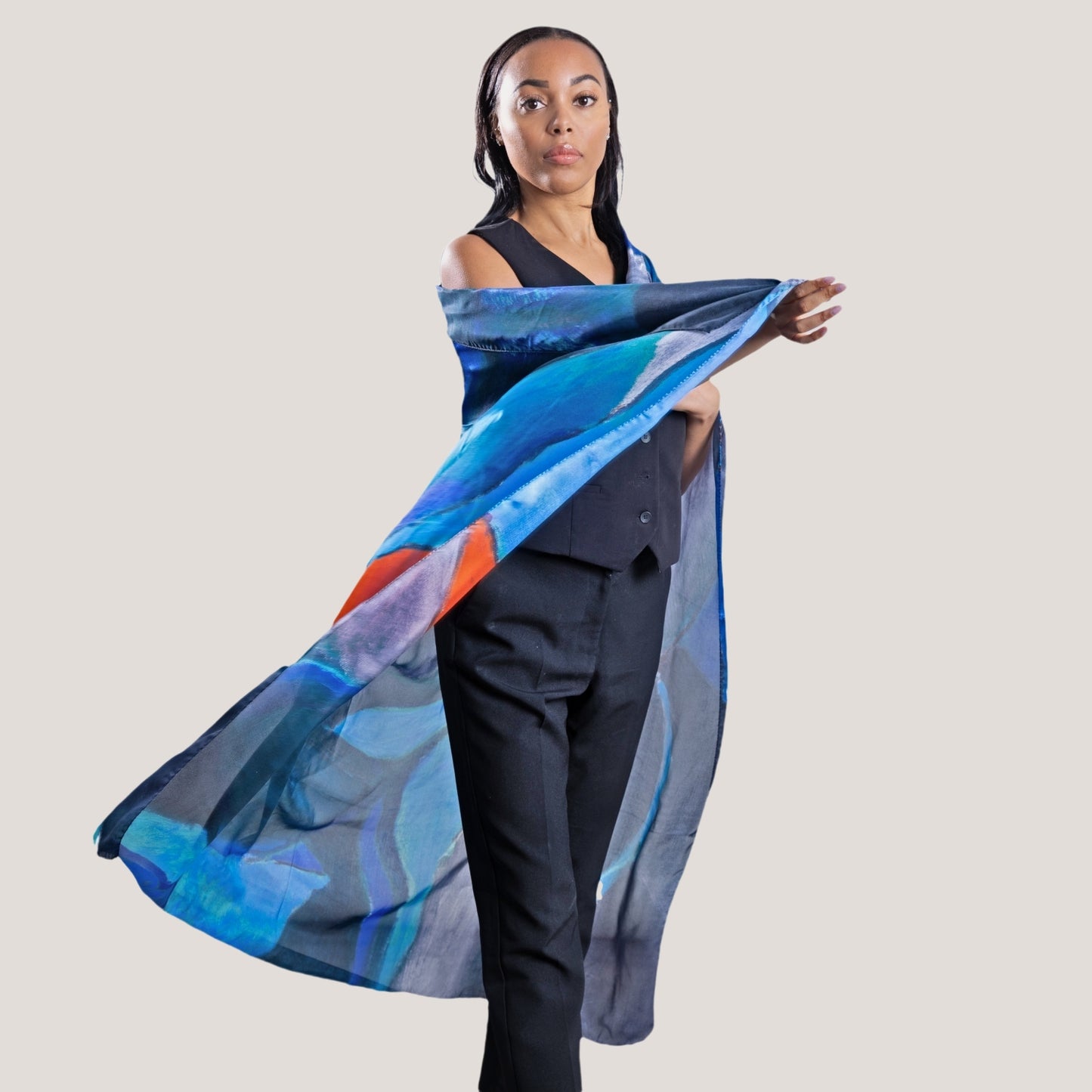 Oversized Square Silk Scarf in Blue with Abstract Motif