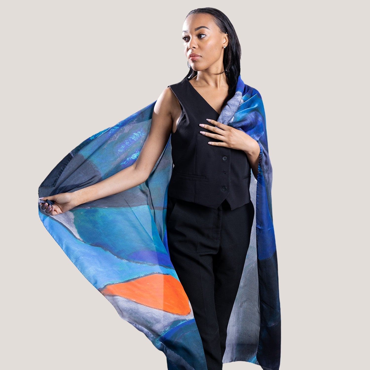 Oversized Square Silk Scarf in Blue with Abstract Motif