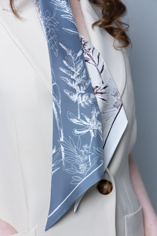 Botanical Elegance Long Silk Scarf in Grey and Ivory