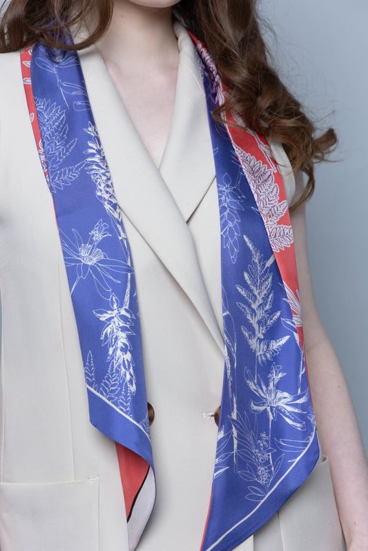 Botanical Elegance Long Silk Scarf in Coral and Periwinkl