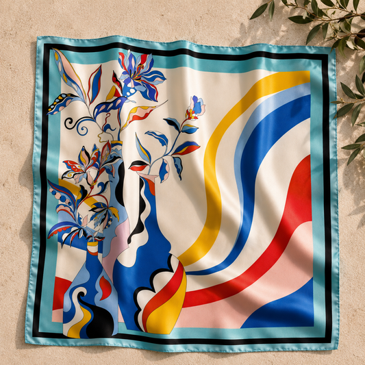 Blue Powder Serene Bloomy Flower Square Silk Scarf