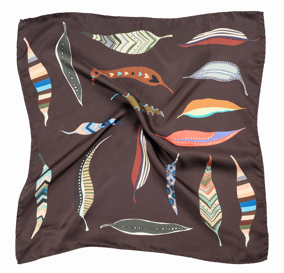 Chocolate Leaves Charm Italian Silk Scarf Bandana (53x53cm). Made in Italy