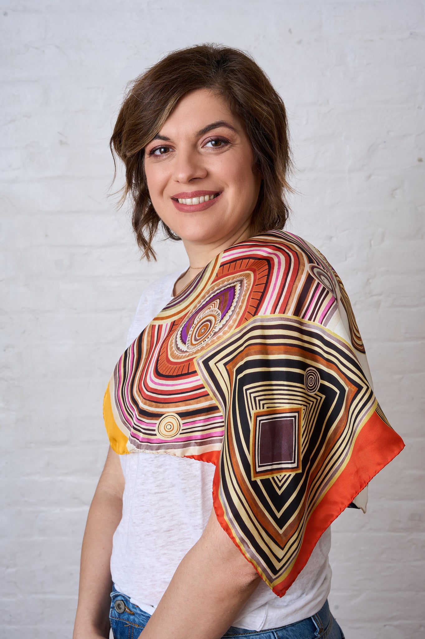 Sunset Geometry Silk Scarf – Italian Square Silk Scarf 53 × 53 cm