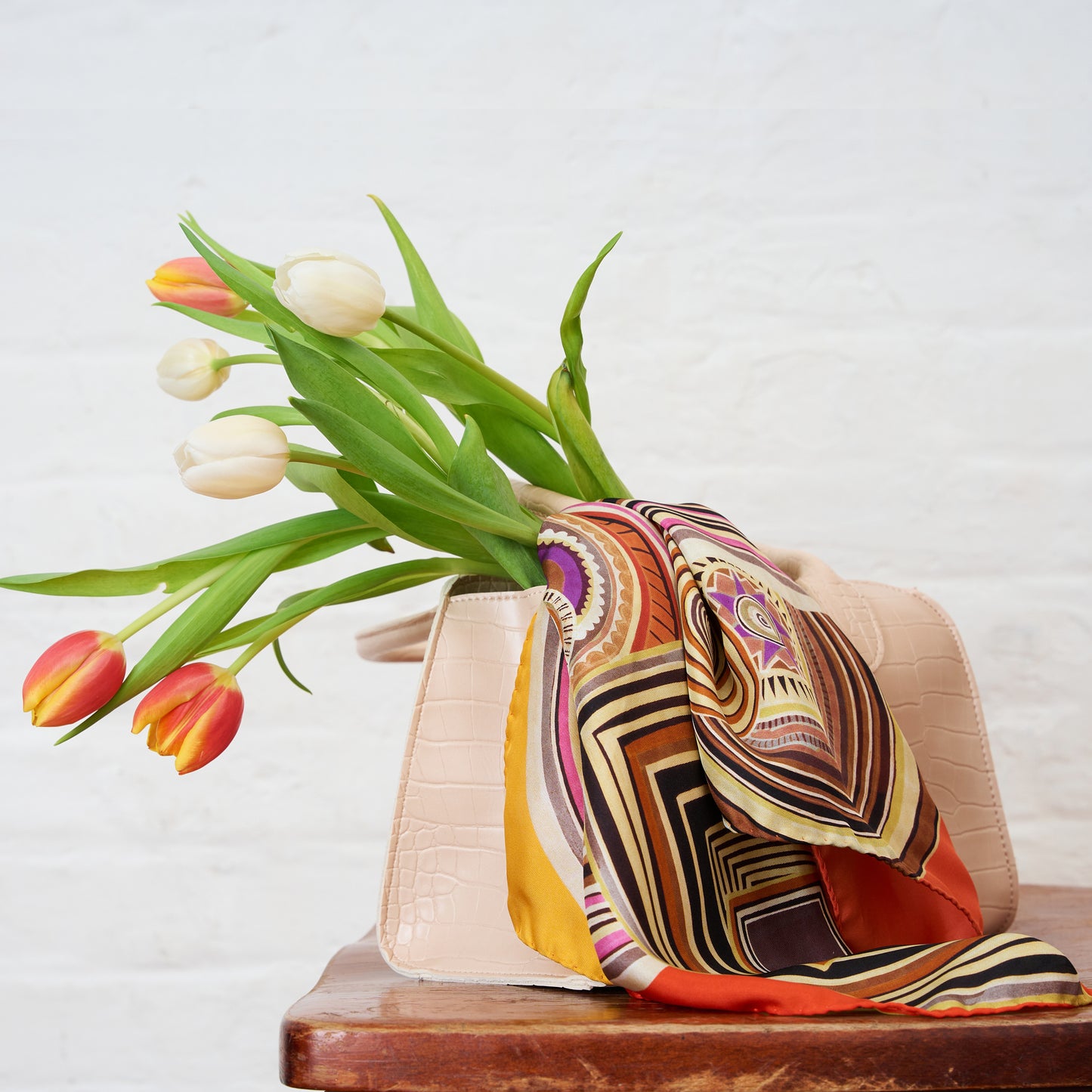 Sunset Geometry Silk Scarf – Italian Square Silk Scarf 53 × 53 cm