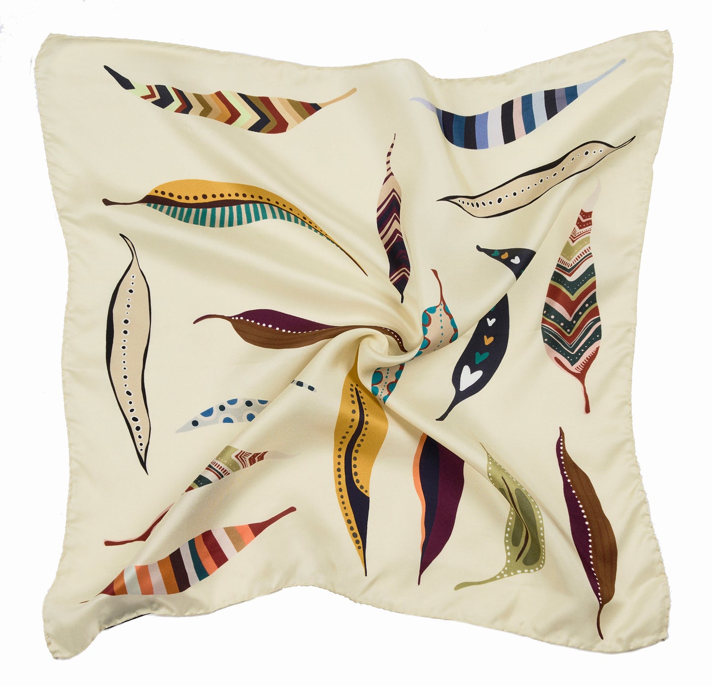 Cream Leaves Charm – Italian Silk Scarf Bandana (53 x 53 cm)