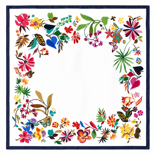 Floral Eden Navy and White – Italian Silk Square Scarf (90 x 90 cm)