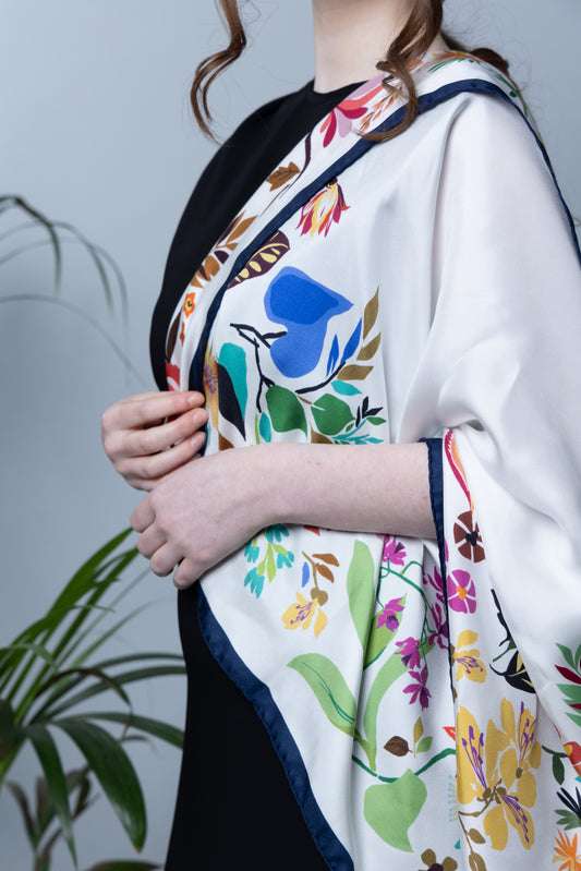 Floral Eden Silk Scarf in Navy and White