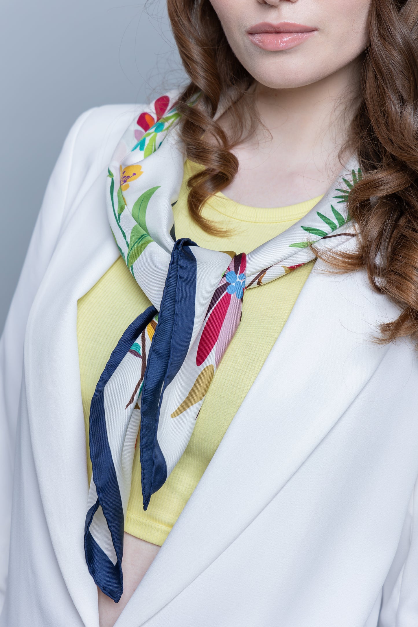 Floral Eden Silk Scarf in Navy and White