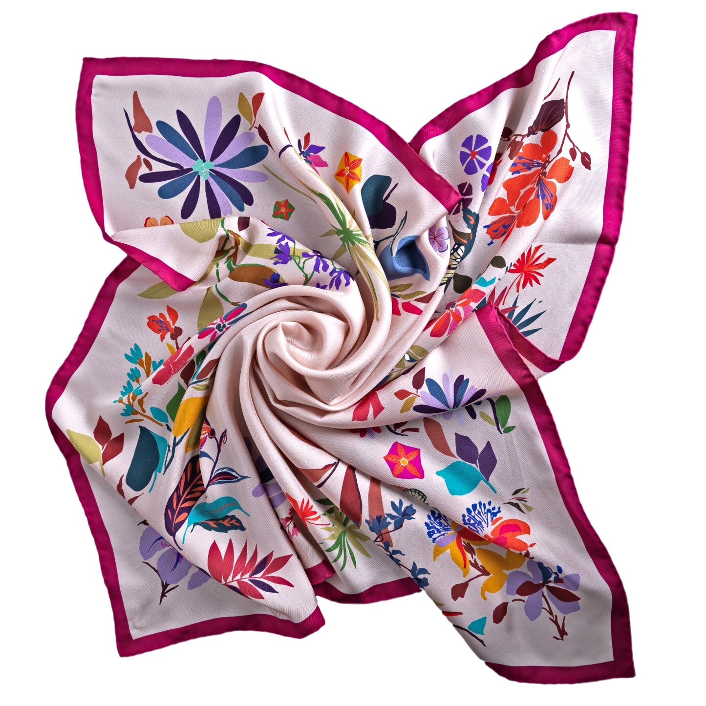 Flat-lay of a floral Italian silk scarf in soft pink, designed in Lake Como, Italy. Ethically made using natural fibres, with a luxury finish and vibrant hand-drawn botanical print.