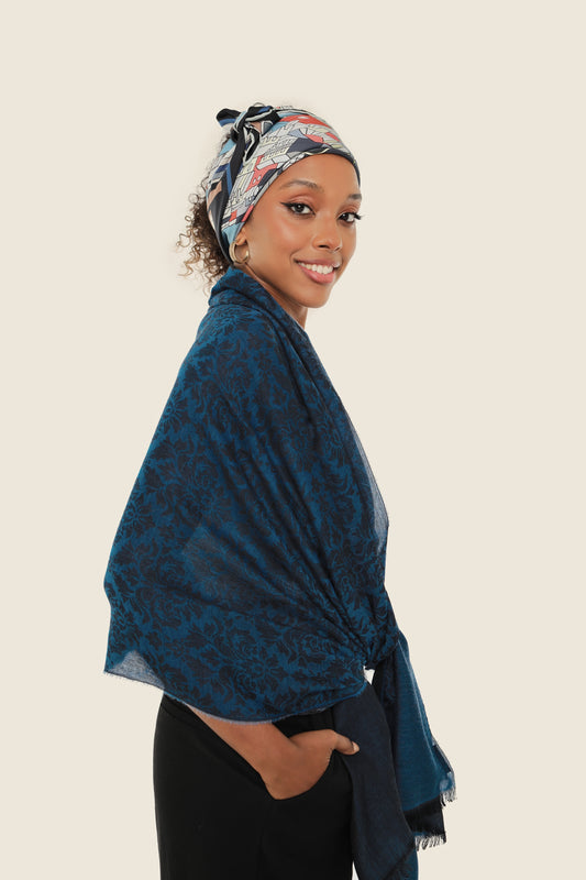 Jacquard Royal Blue Wrapping Shawl