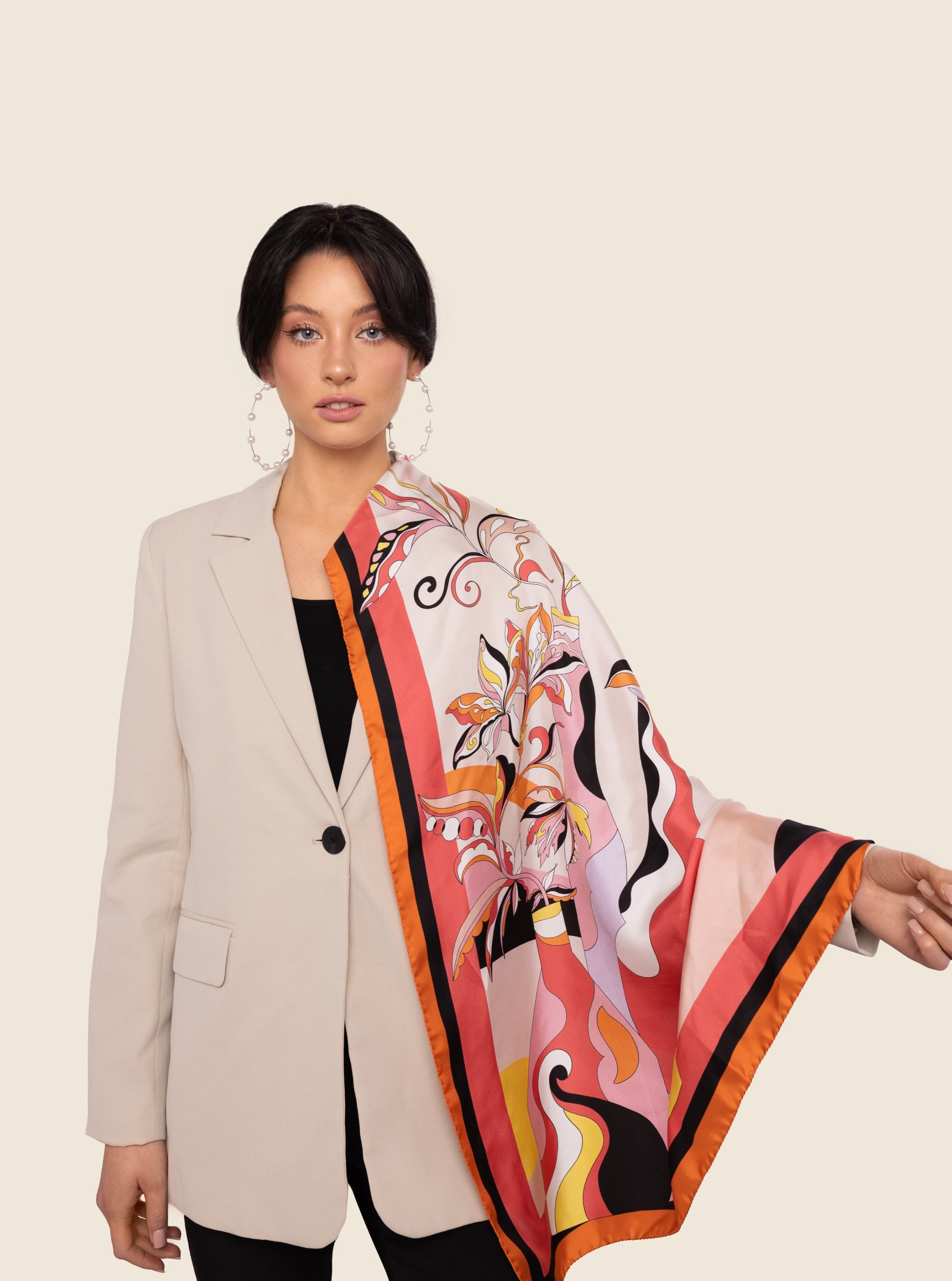 Peach Serene Bloomy Flower – Italian Silk Square Scarf (90 x 90 cm