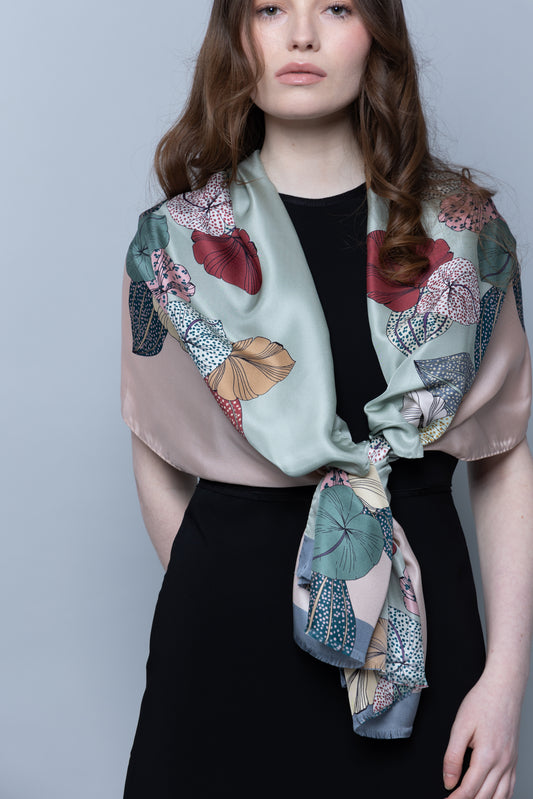 Tropical Bloom Pale Pink and Sage Silk Scarf