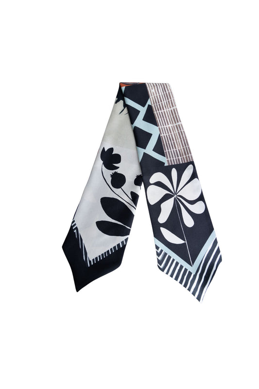 Rust Bloom Skinny Silk Scarf In Black And Cream (11 x 85 cm)