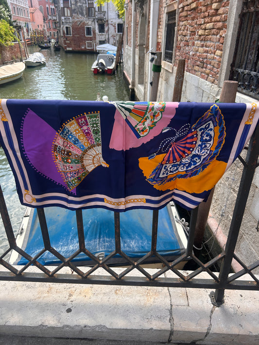 VENTAGLIO BLUE – ITALIAN SILK SQUARE SCARF (90 X 90 CM)