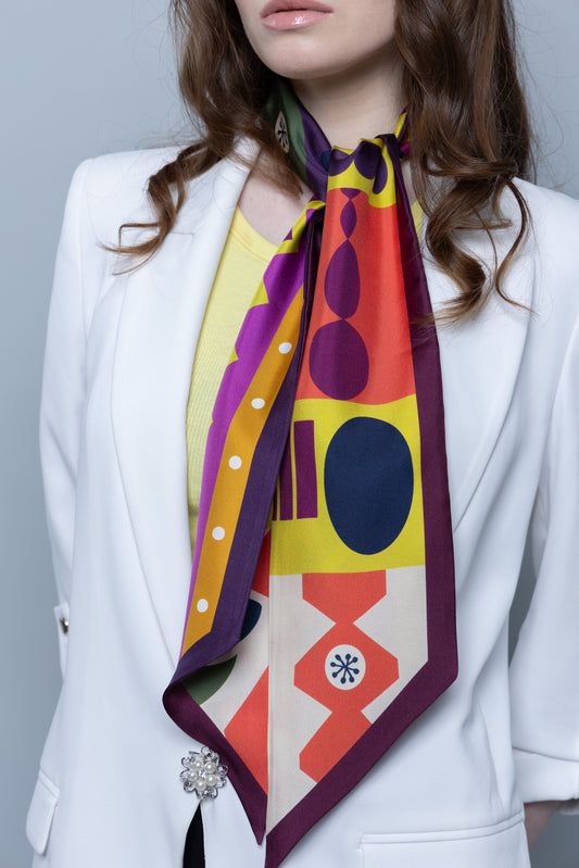 Vivid Abstract Long Silk Scarf In Burgundy