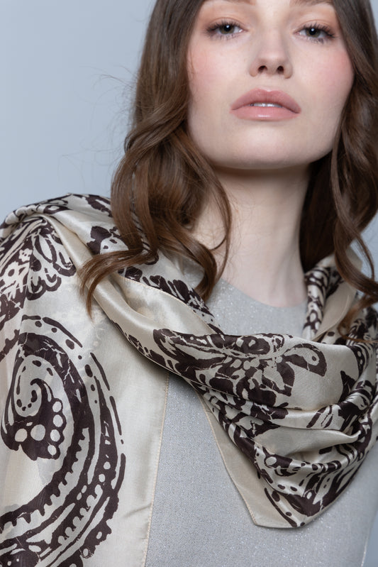 Chocolate Paisley Habotai Silk Scarf